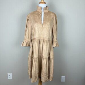 Gretchen Scott Dress Womens Large Beige Teardrop Ultra Suede Tiered Ruffle 3/4
